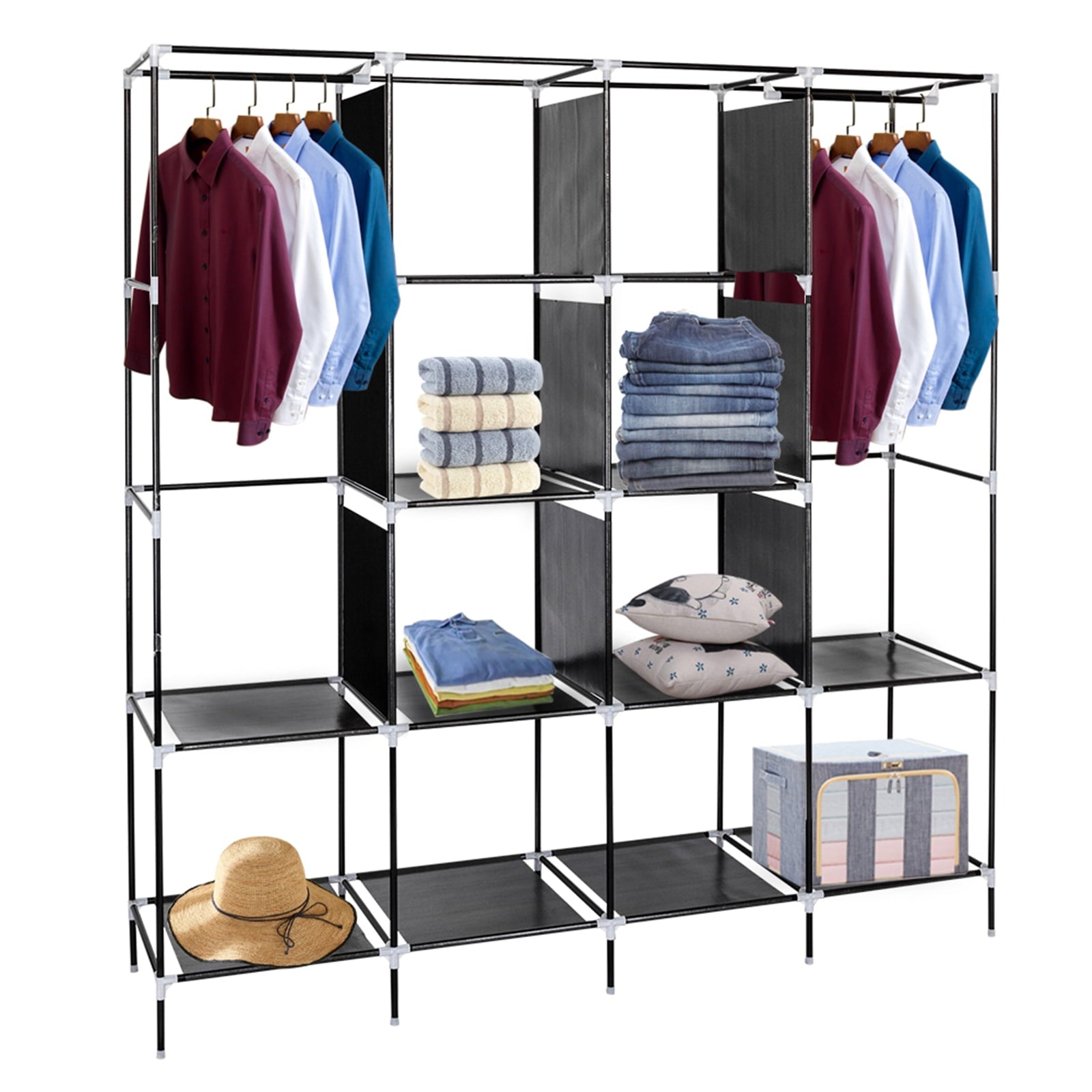 67" Portable Closet with 12 Shelves &amp; 4 Pockets - Heavy Duty Wardrobe Storage Organizer, No-Tool Assembly, Black Dust-Proof Cover