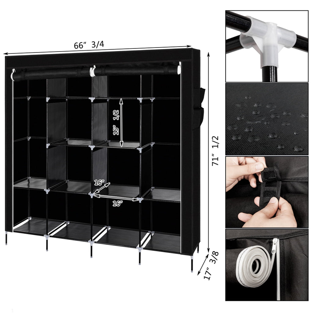 67" Portable Closet with 12 Shelves &amp; 4 Pockets - Heavy Duty Wardrobe Storage Organizer, No-Tool Assembly, Black Dust-Proof Cover
