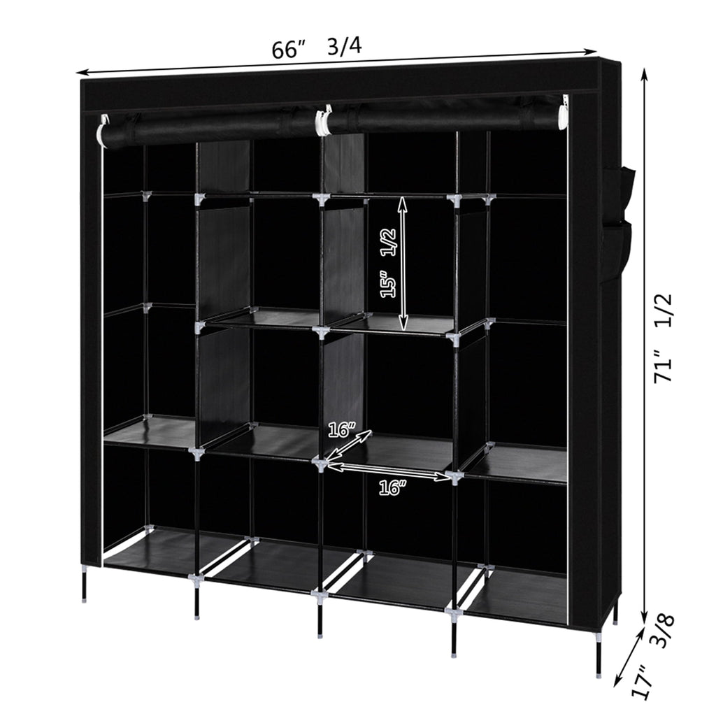 67" Portable Closet with 12 Shelves &amp; 4 Pockets - Heavy Duty Wardrobe Storage Organizer, No-Tool Assembly, Black Dust-Proof Cover