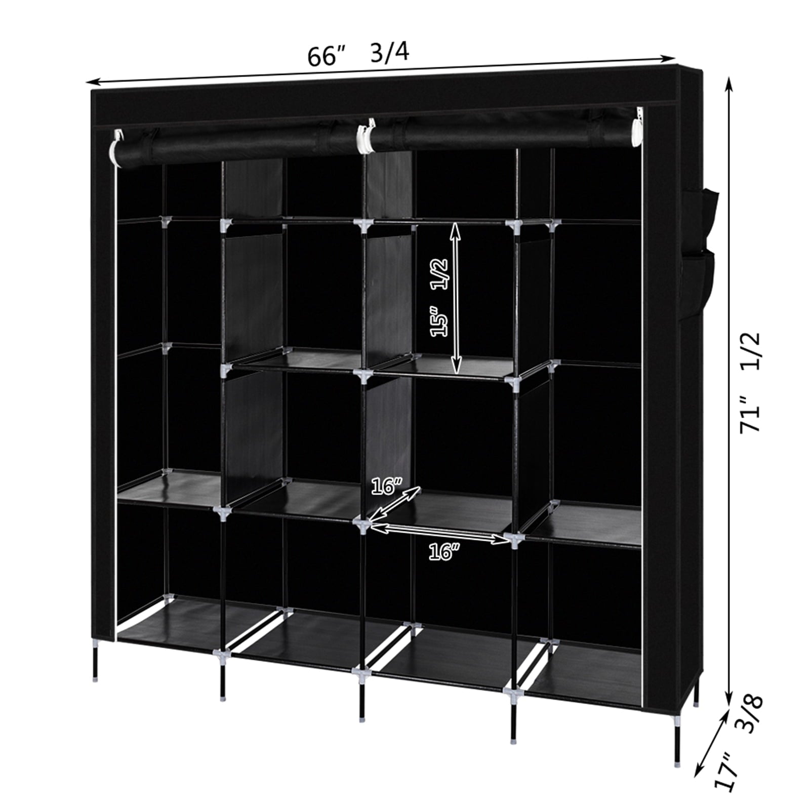 67" Portable Closet with 12 Shelves &amp; 4 Pockets - Heavy Duty Wardrobe Storage Organizer, No-Tool Assembly, Black Dust-Proof Cover