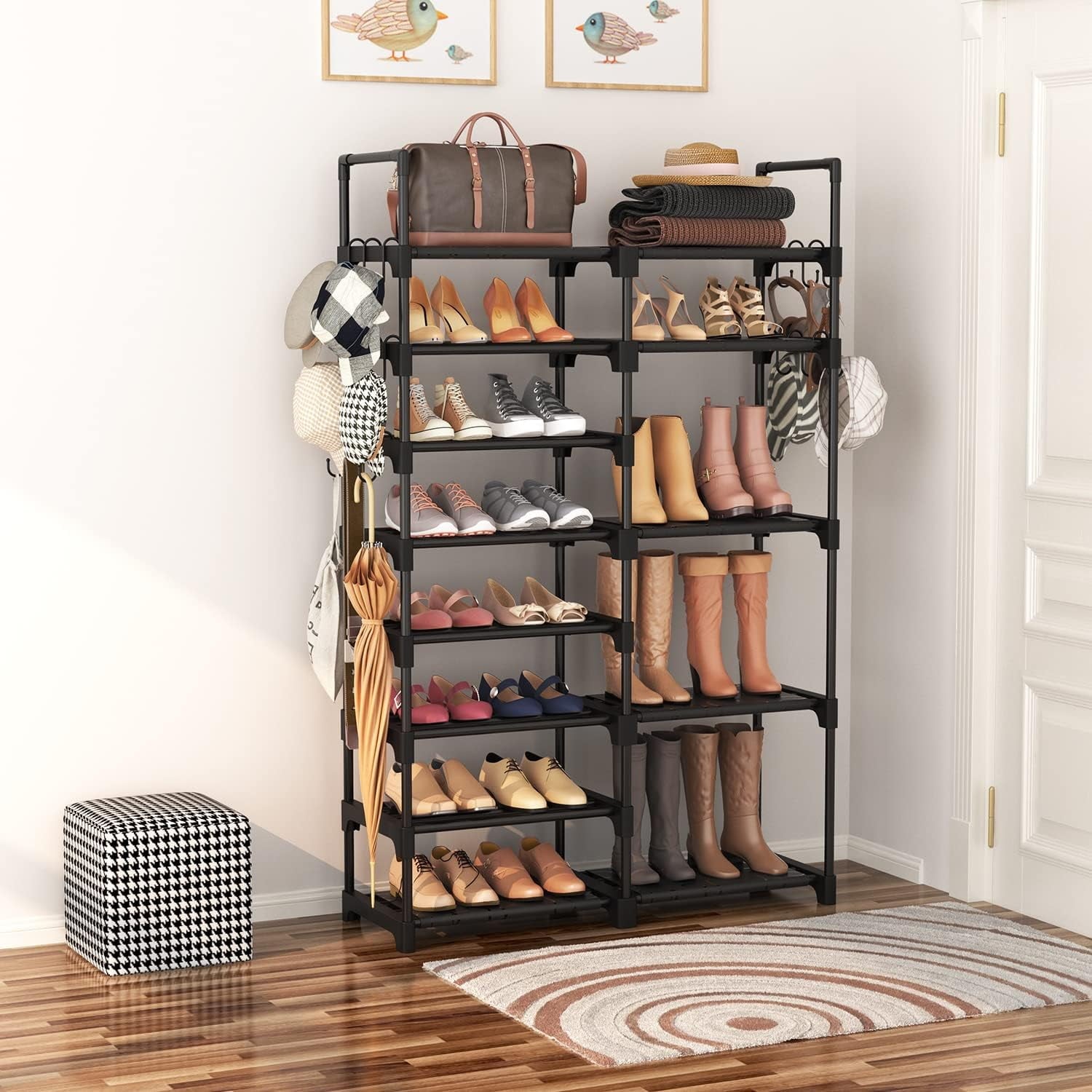 Shoe Rack Organizer, 8-Tier Metal Shoe Rack for Closet Entryway Garage, 26-32 Pairs Tall Shoe Boot Storage Shelf with 15 Hooks, Stackable Large Shoe Stand
