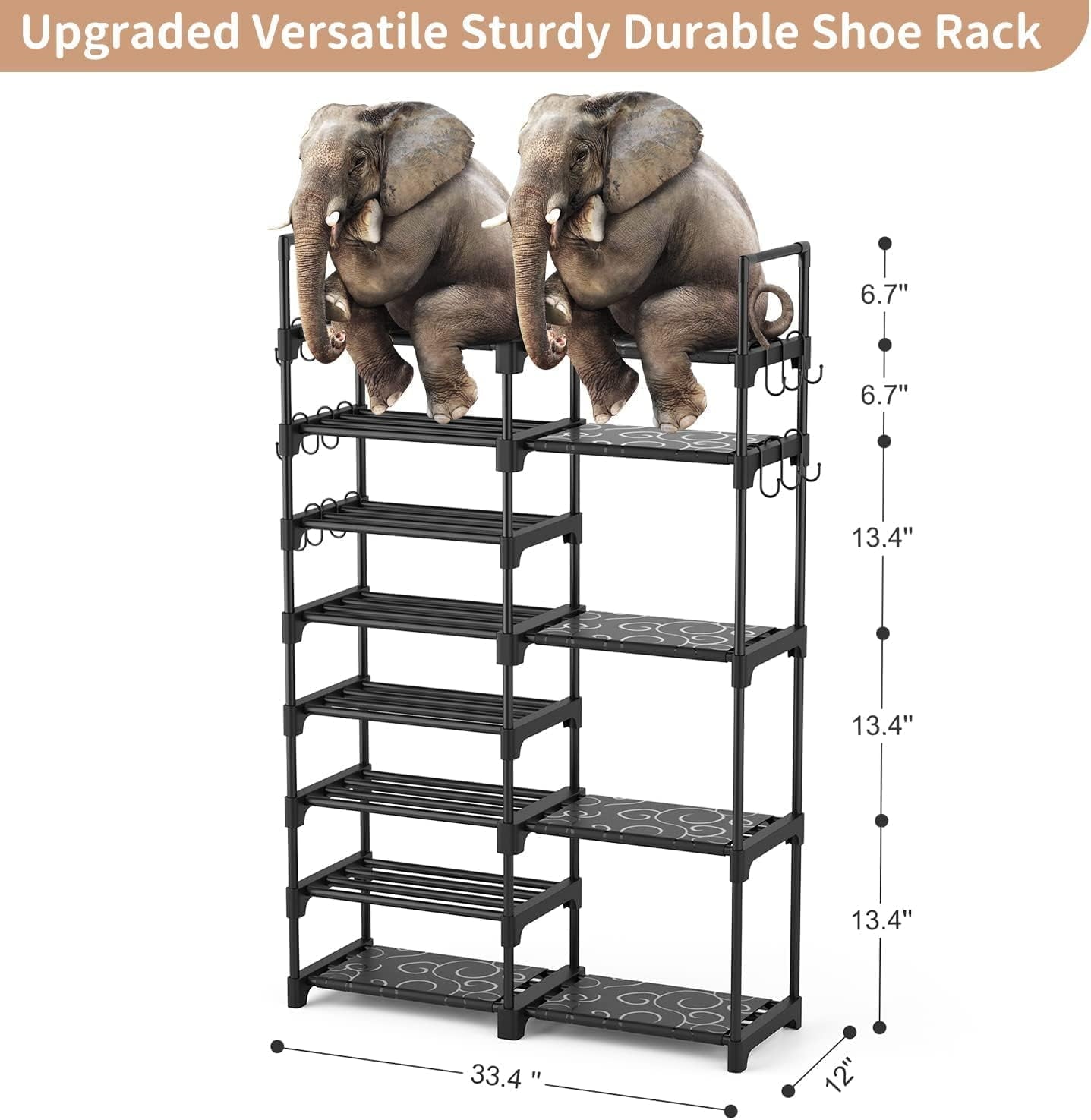 Shoe Rack Organizer, 8-Tier Metal Shoe Rack for Closet Entryway Garage, 26-32 Pairs Tall Shoe Boot Storage Shelf with 15 Hooks, Stackable Large Shoe Stand