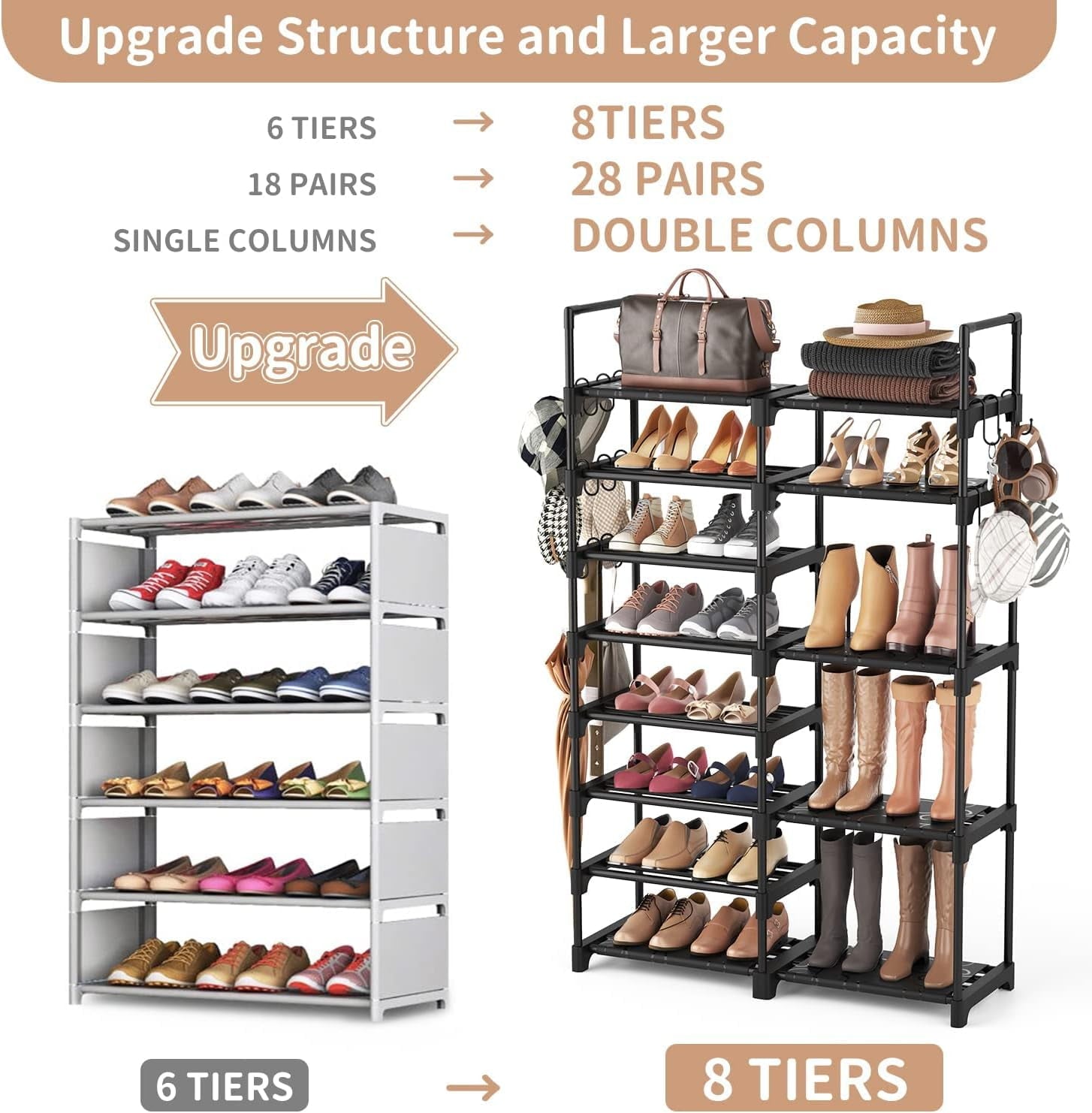 Shoe Rack Organizer, 8-Tier Metal Shoe Rack for Closet Entryway Garage, 26-32 Pairs Tall Shoe Boot Storage Shelf with 15 Hooks, Stackable Large Shoe Stand