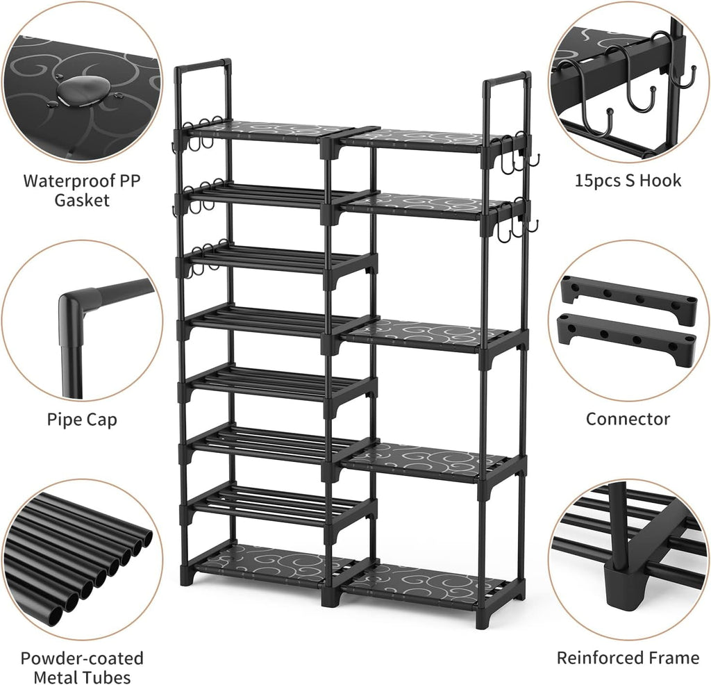 Shoe Rack Organizer, 8-Tier Metal Shoe Rack for Closet Entryway Garage, 26-32 Pairs Tall Shoe Boot Storage Shelf with 15 Hooks, Stackable Large Shoe Stand
