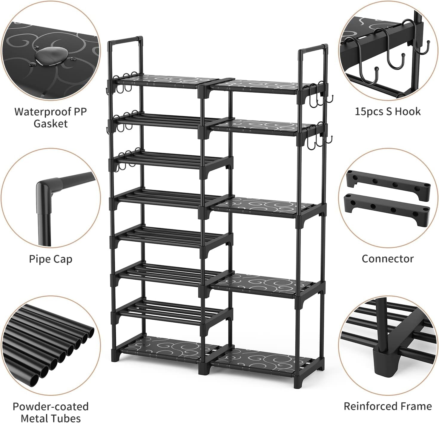 Shoe Rack Organizer, 8-Tier Metal Shoe Rack for Closet Entryway Garage, 26-32 Pairs Tall Shoe Boot Storage Shelf with 15 Hooks, Stackable Large Shoe Stand