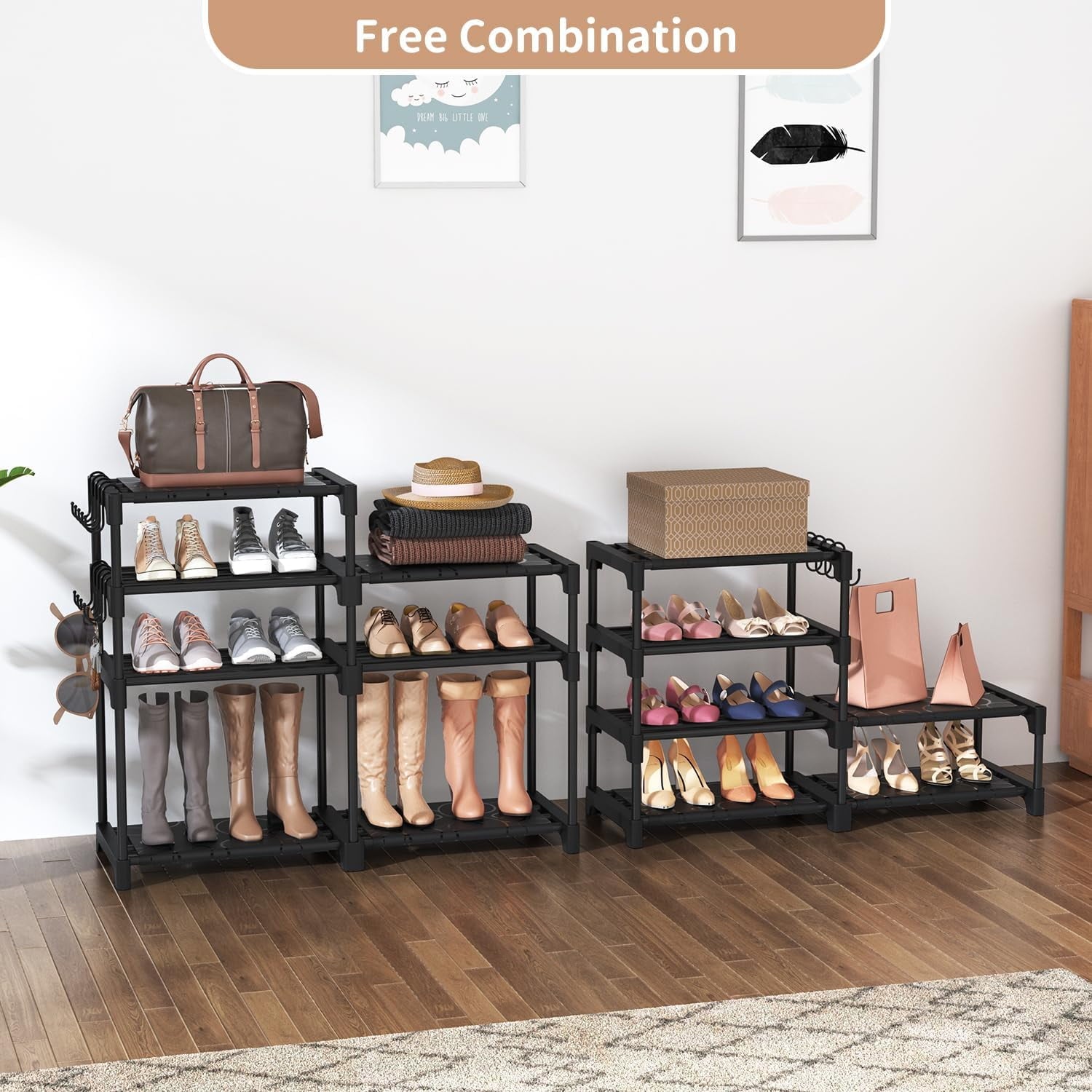 Shoe Rack Organizer, 8-Tier Metal Shoe Rack for Closet Entryway Garage, 26-32 Pairs Tall Shoe Boot Storage Shelf with 15 Hooks, Stackable Large Shoe Stand