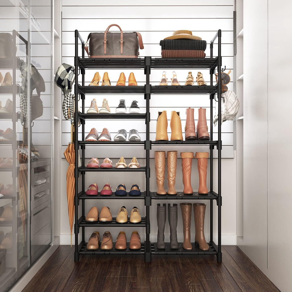 Shoe Rack Organizer, 8-Tier Metal Shoe Rack for Closet Entryway Garage, 26-32 Pairs Tall Shoe Boot Storage Shelf with 15 Hooks, Stackable Large Shoe Stand
