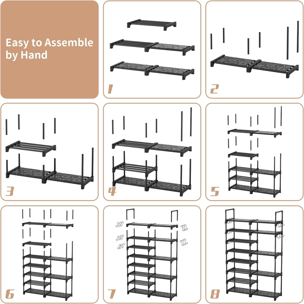 Shoe Rack Organizer, 8-Tier Metal Shoe Rack for Closet Entryway Garage, 26-32 Pairs Tall Shoe Boot Storage Shelf with 15 Hooks, Stackable Large Shoe Stand