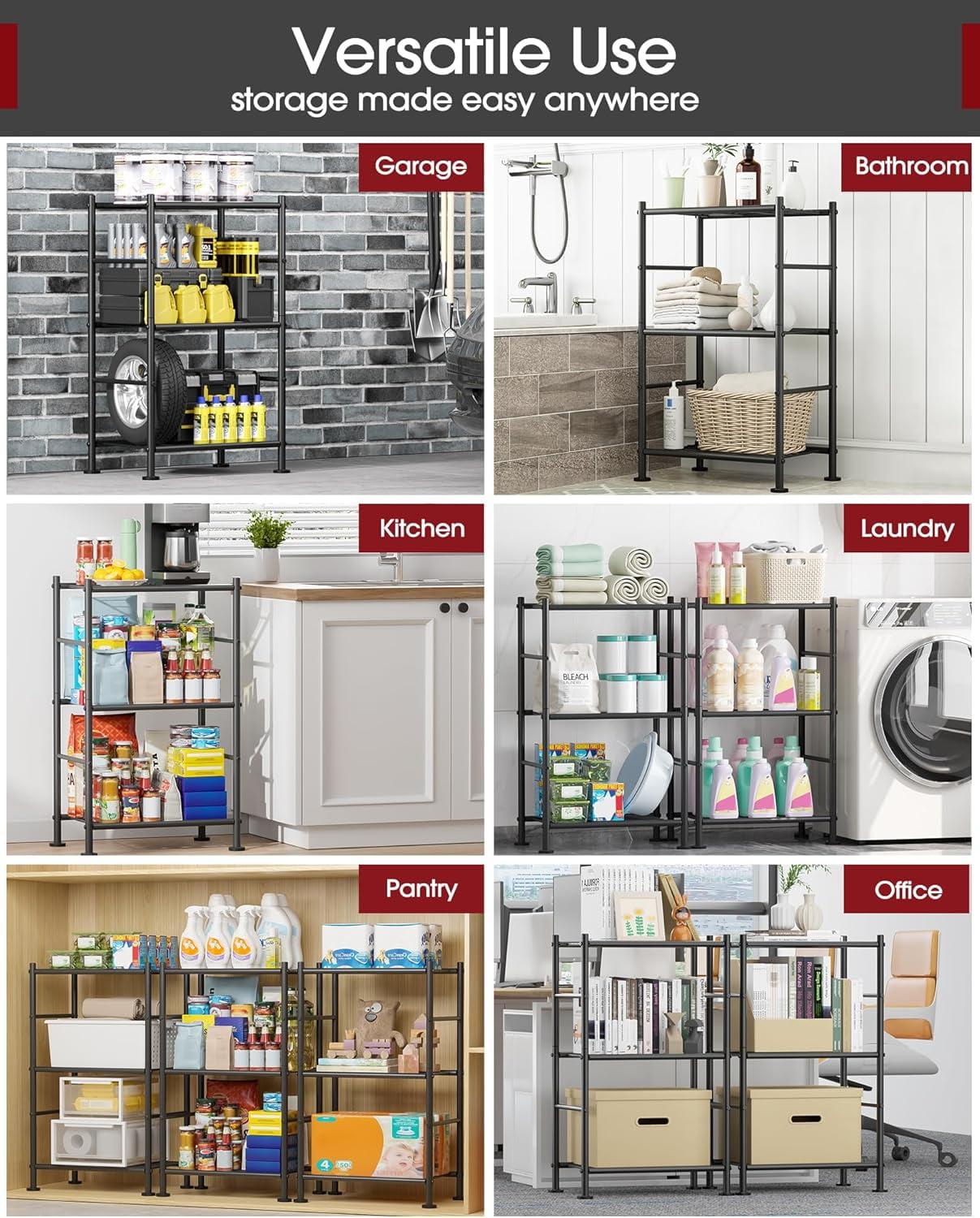 AP Storage Shelves - 6 Tier Shelf Organizer, Sturdy Metal Garage Shelving with Adjustable Leveling Feet, Space-Saving Shelves Organizer for Pantry, Laundry, Kitchen (18" x 12" x 70", Black)