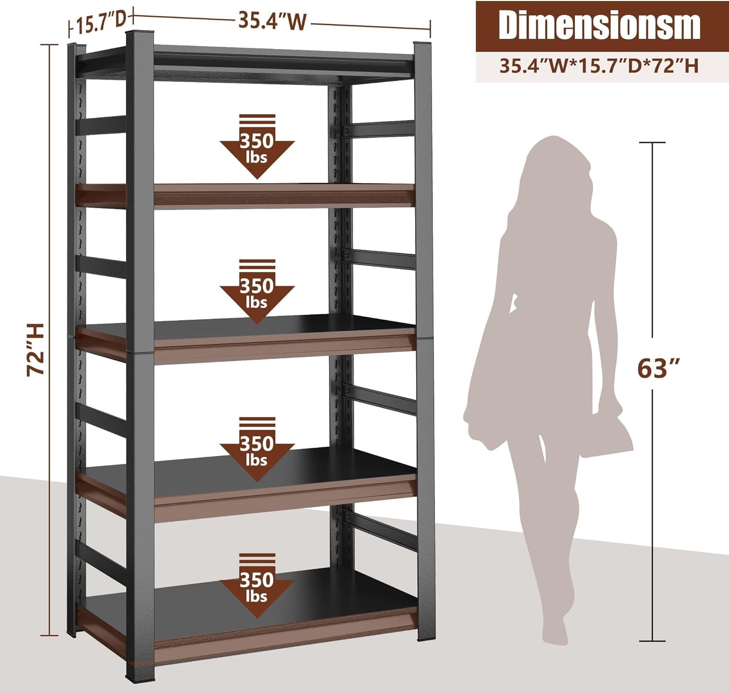 5-Tier Bookshelf, Metal Book Shelf, Adjustable Bookcase, Tall Shelves in Living Room/Home/Office/Kitchen/Bedroom, Storage Organizer for CDs/Books/Movies, Modern, Black