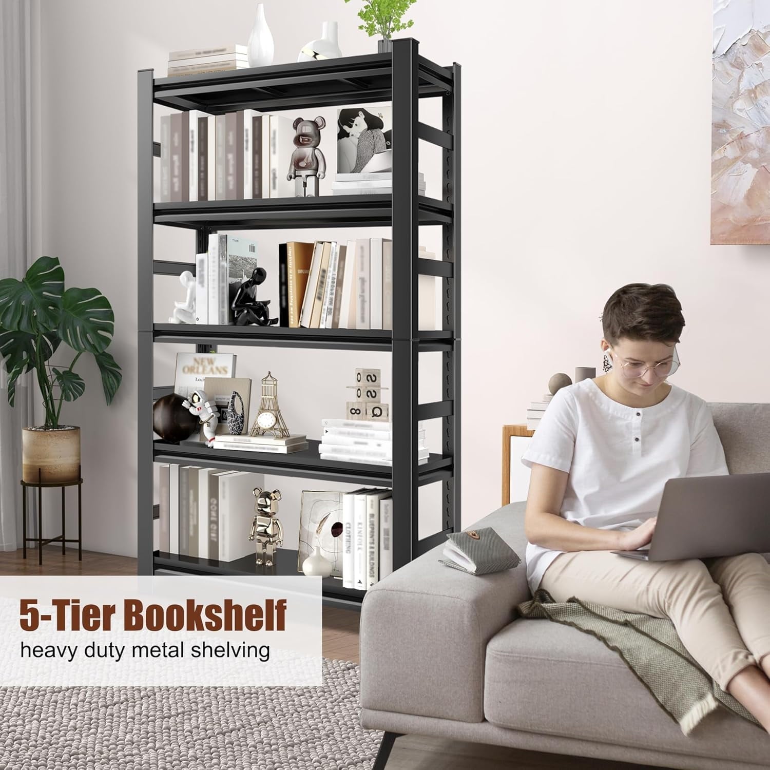 5-Tier Bookshelf, Metal Book Shelf, Adjustable Bookcase, Tall Shelves in Living Room/Home/Office/Kitchen/Bedroom, Storage Organizer for CDs/Books/Movies, Modern, Black