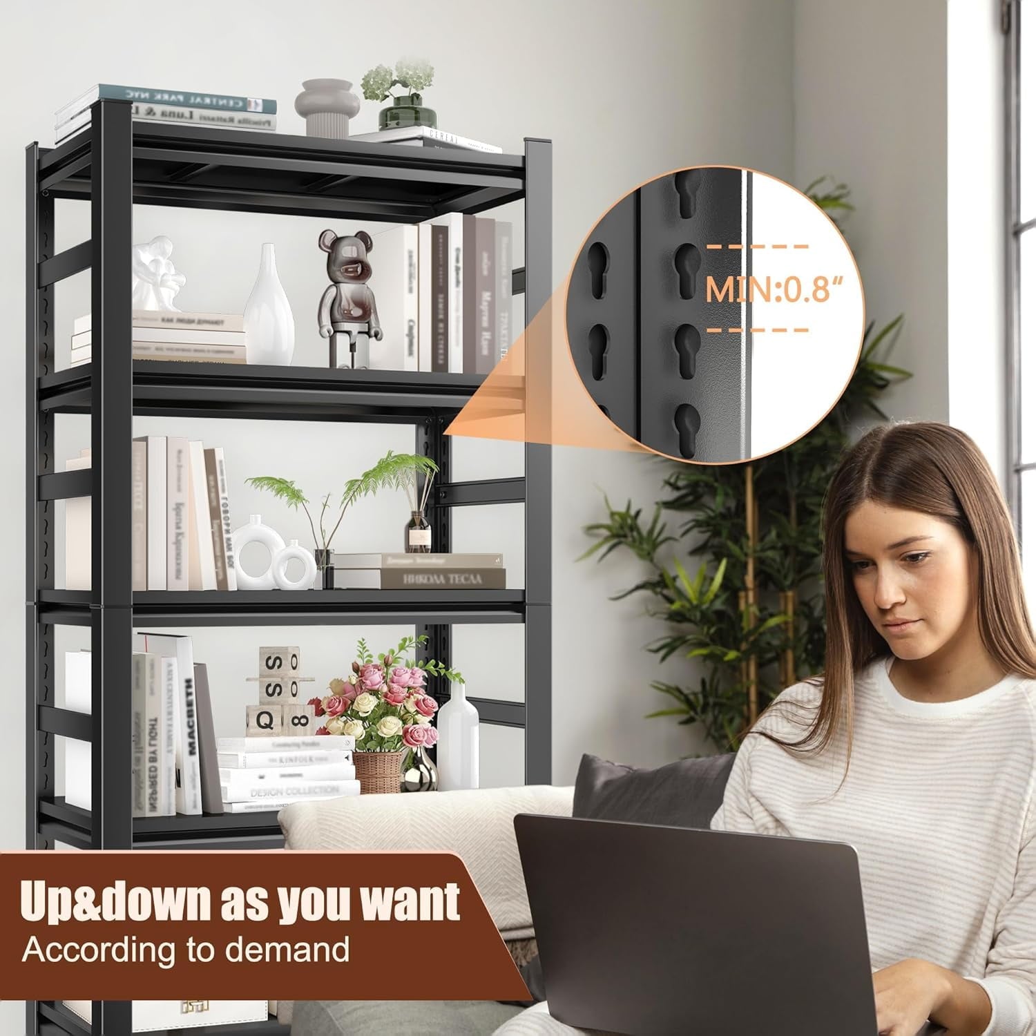 5-Tier Bookshelf, Metal Book Shelf, Adjustable Bookcase, Tall Shelves in Living Room/Home/Office/Kitchen/Bedroom, Storage Organizer for CDs/Books/Movies, Modern, Black