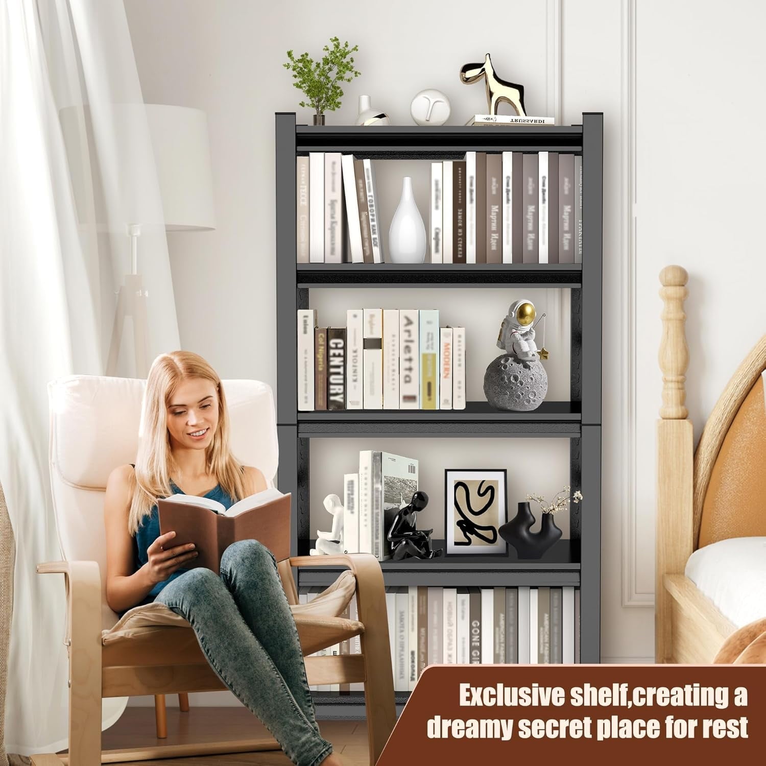 5-Tier Bookshelf, Metal Book Shelf, Adjustable Bookcase, Tall Shelves in Living Room/Home/Office/Kitchen/Bedroom, Storage Organizer for CDs/Books/Movies, Modern, Black