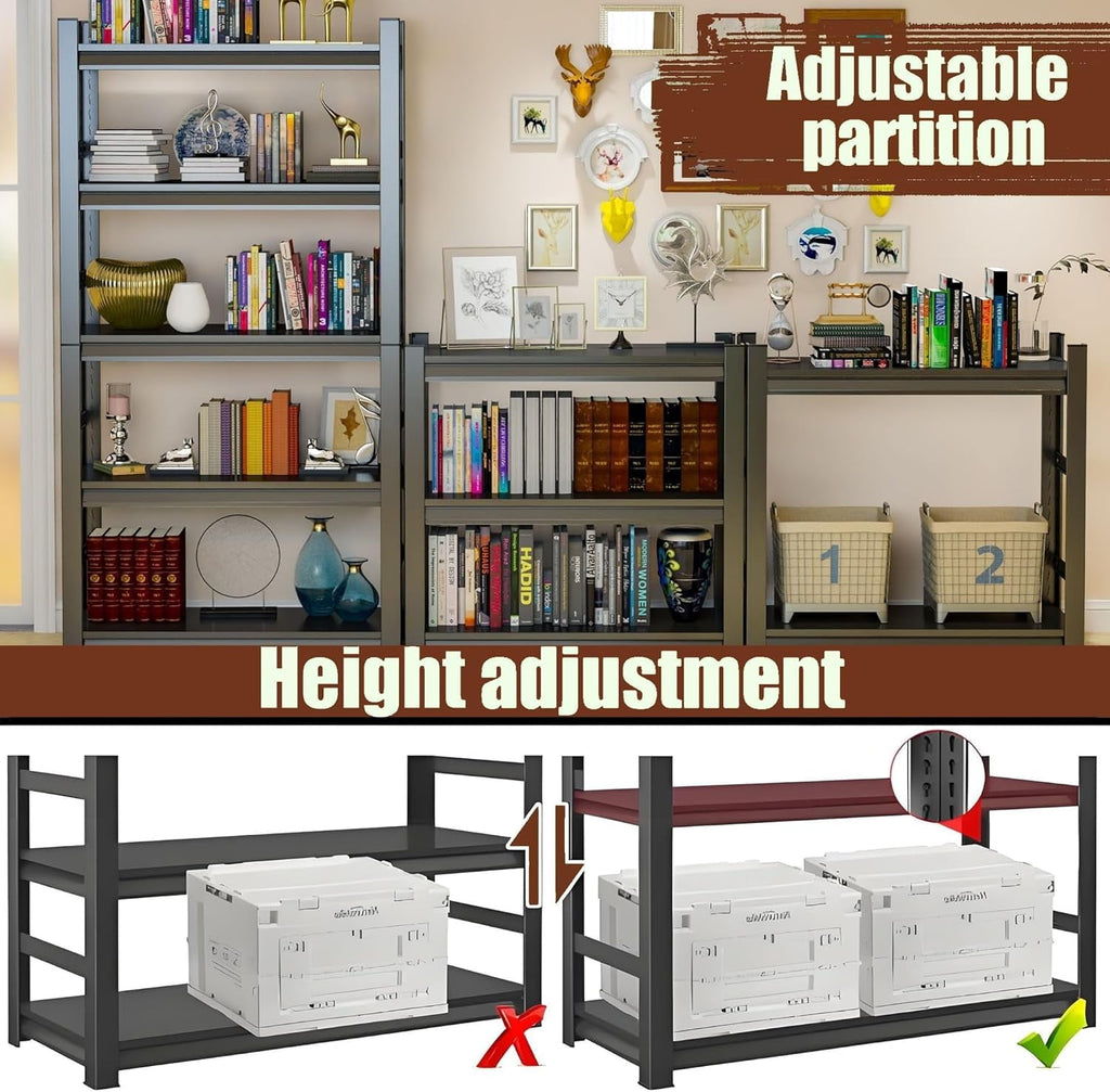 5-Tier Bookshelf, Metal Book Shelf, Adjustable Bookcase, Tall Shelves in Living Room/Home/Office/Kitchen/Bedroom, Storage Organizer for CDs/Books/Movies, Modern, Black