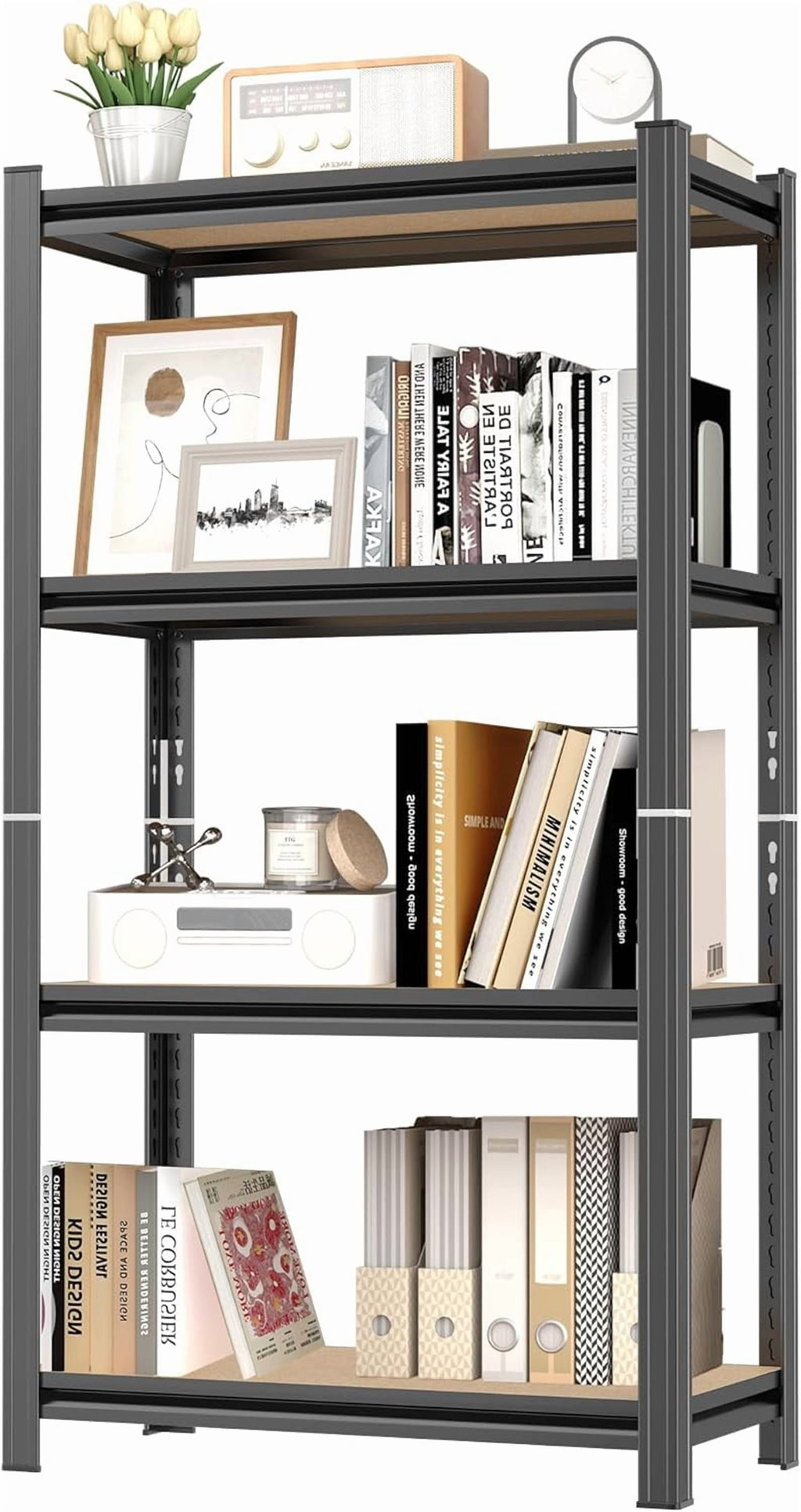 5-Tier Bookshelf, Metal Book Shelf, Adjustable Bookcase, Tall Shelves in Living Room/Home/Office/Kitchen/Bedroom, Storage Organizer for CDs/Books/Movies, Modern, Black