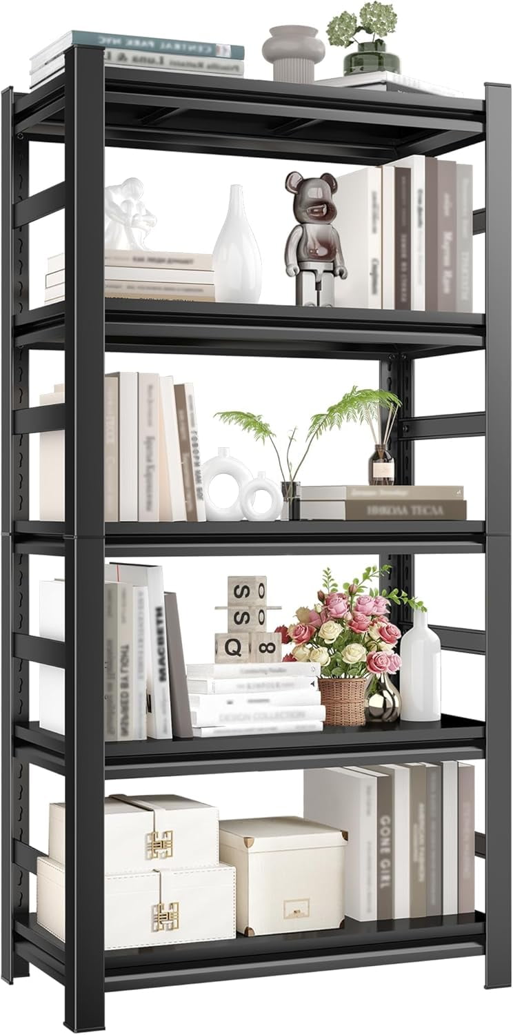 5-Tier Bookshelf, Metal Book Shelf, Adjustable Bookcase, Tall Shelves in Living Room/Home/Office/Kitchen/Bedroom, Storage Organizer for CDs/Books/Movies, Modern, Black