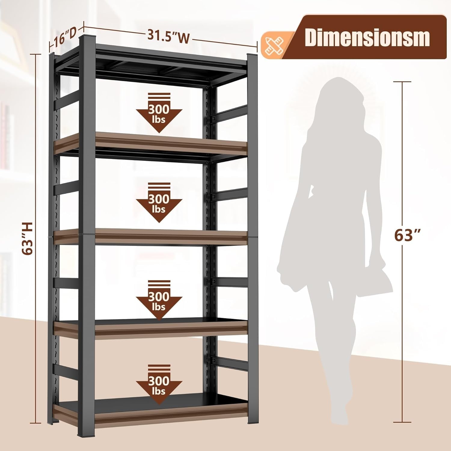 5-Tier Bookshelf, Metal Book Shelf, Adjustable Bookcase, Tall Shelves in Living Room/Home/Office/Kitchen/Bedroom, Storage Organizer for CDs/Books/Movies, Modern, Black