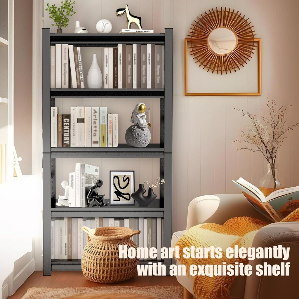 5-Tier Bookshelf, Metal Book Shelf, Adjustable Bookcase, Tall Shelves in Living Room/Home/Office/Kitchen/Bedroom, Storage Organizer for CDs/Books/Movies, Modern, Black