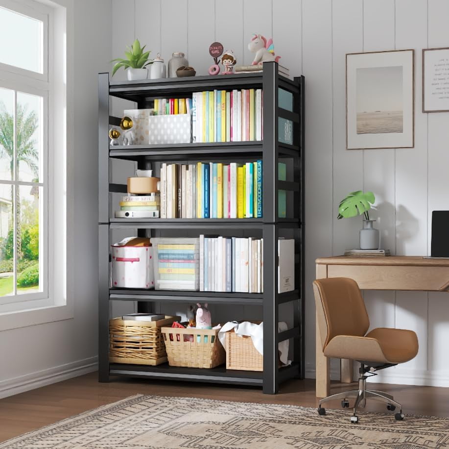 5-Tier Bookshelf, Metal Book Shelf, Adjustable Bookcase, Tall Shelves in Living Room/Home/Office/Kitchen/Bedroom, Storage Organizer for CDs/Books/Movies, Modern, Black