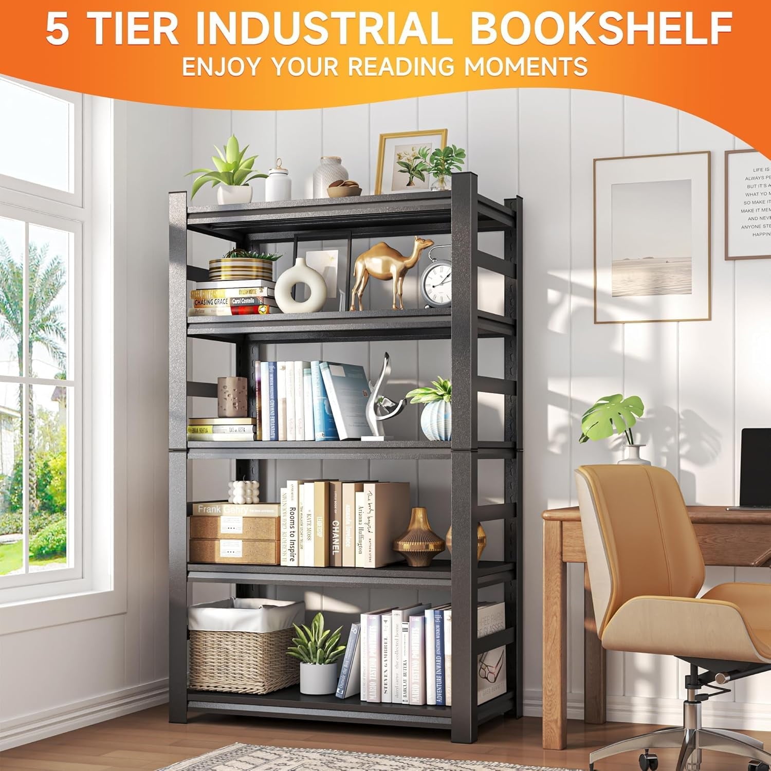 5-Tier Bookshelf, Metal Book Shelf, Adjustable Bookcase, Tall Shelves in Living Room/Home/Office/Kitchen/Bedroom, Storage Organizer for CDs/Books/Movies, Modern, Black