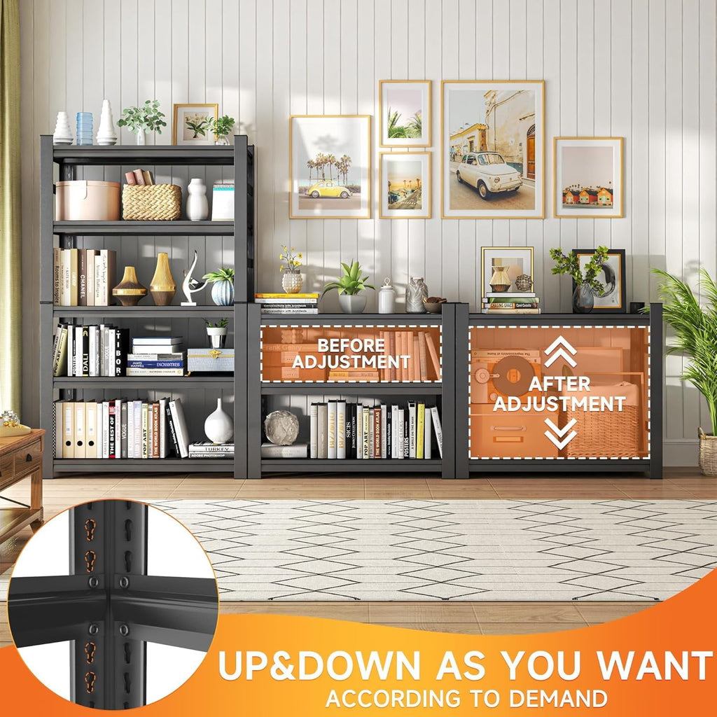 5-Tier Bookshelf, Metal Book Shelf, Adjustable Bookcase, Tall Shelves in Living Room/Home/Office/Kitchen/Bedroom, Storage Organizer for CDs/Books/Movies, Modern, Black