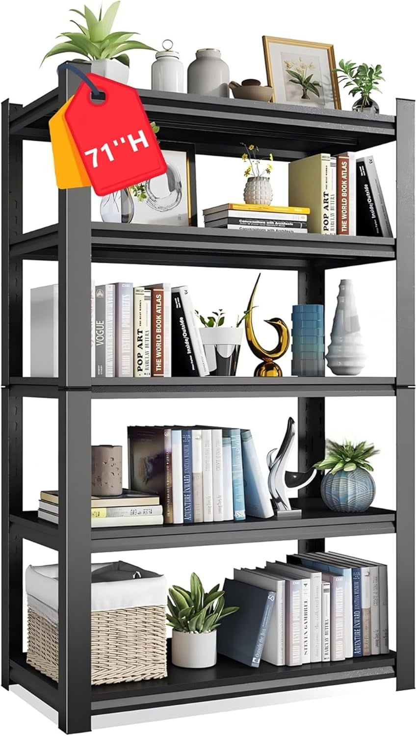 5-Tier Bookshelf, Metal Book Shelf, Adjustable Bookcase, Tall Shelves in Living Room/Home/Office/Kitchen/Bedroom, Storage Organizer for CDs/Books/Movies, Modern, Black