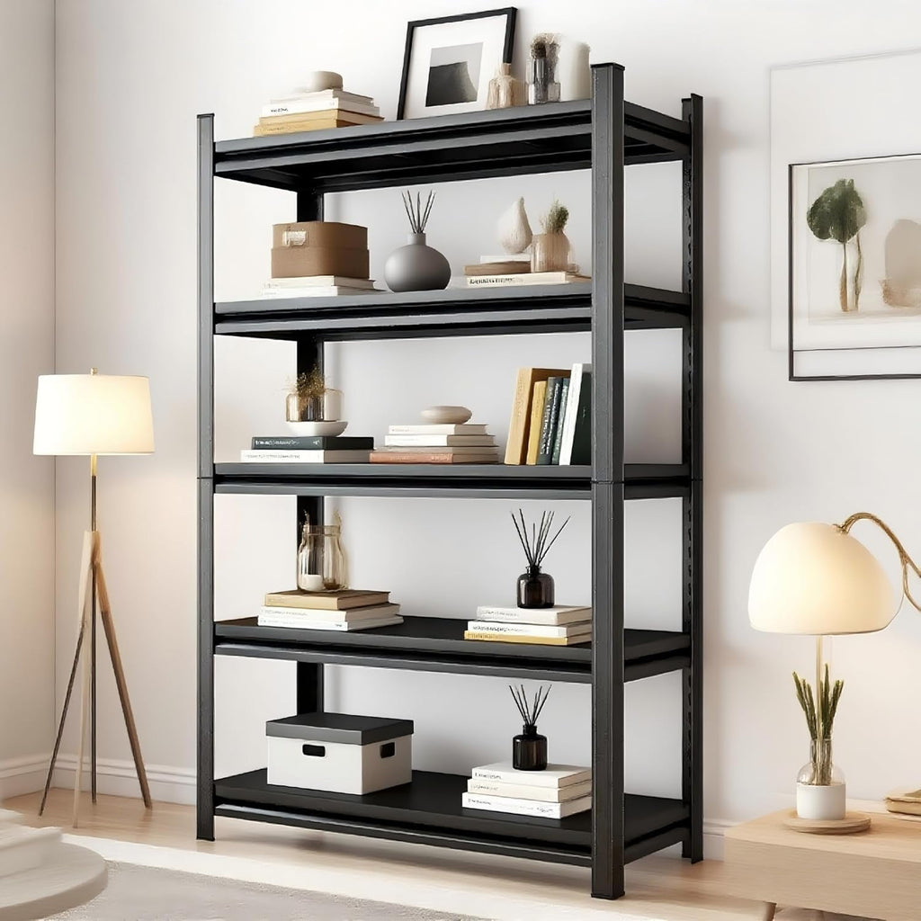 5-Tier Bookshelf, Metal Book Shelf, Adjustable Bookcase, Tall Shelves in Living Room/Home/Office/Kitchen/Bedroom, Storage Organizer for CDs/Books/Movies, Modern, Black
