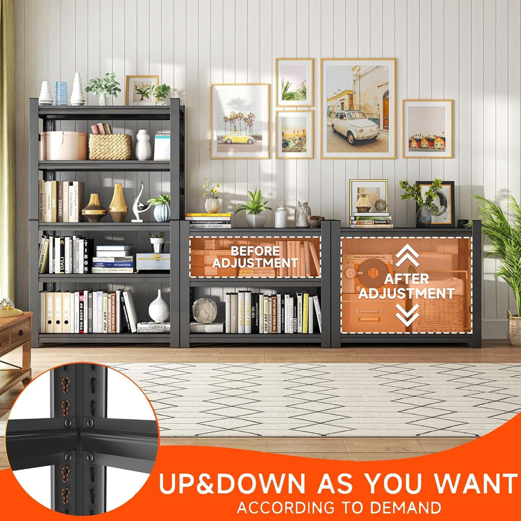 5-Tier Bookshelf, Metal Book Shelf, Adjustable Bookcase, Tall Shelves in Living Room/Home/Office/Kitchen/Bedroom, Storage Organizer for CDs/Books/Movies, Modern, Black