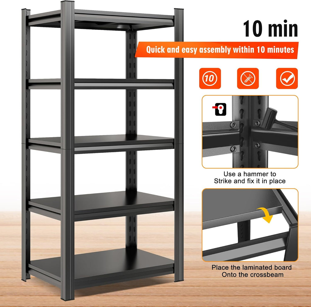 5-Tier Bookshelf, Metal Book Shelf, Adjustable Bookcase, Tall Shelves in Living Room/Home/Office/Kitchen/Bedroom, Storage Organizer for CDs/Books/Movies, Modern, Black