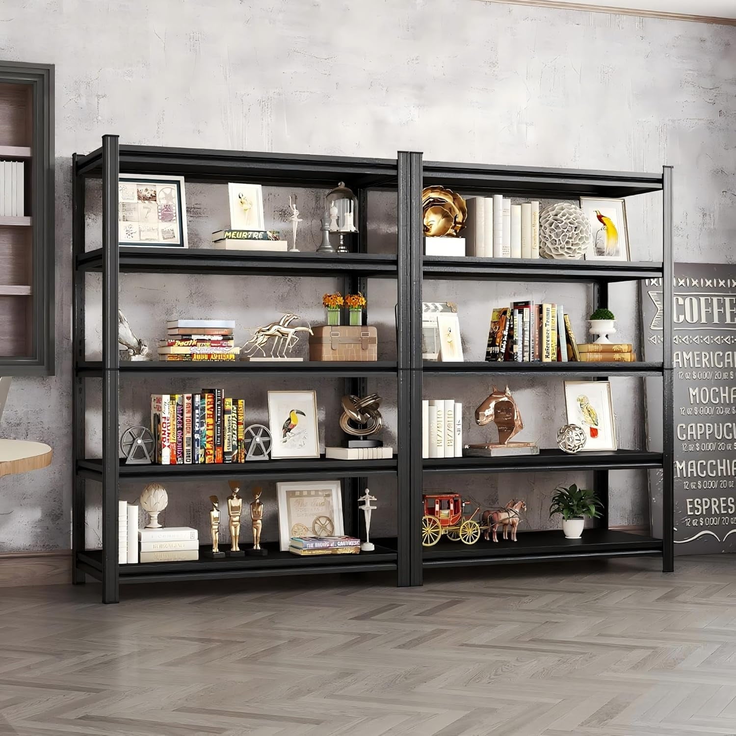 5-Tier Bookshelf, Metal Book Shelf, Adjustable Bookcase, Tall Shelves in Living Room/Home/Office/Kitchen/Bedroom, Storage Organizer for CDs/Books/Movies, Modern, Black