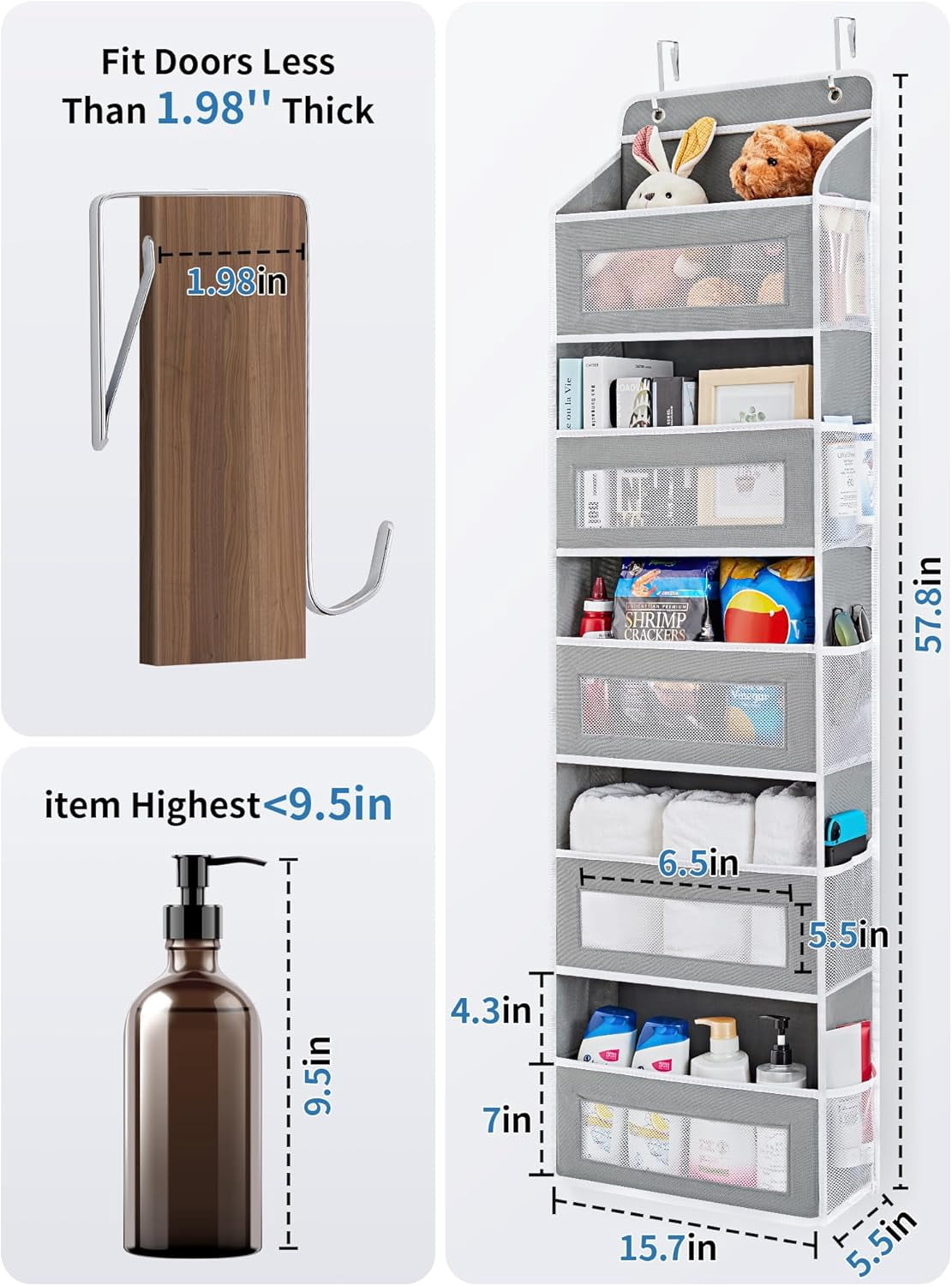 JARLINK 2 Pack Over the Door Organizer Storage, 5 Shelf Hanging Door Organizer with 5 Large Capacity Pockets, Anti Tilt 44 lb Load Behind Door Storage for Bedroom, Bathroom, Pantry, Nursery, (Grey)