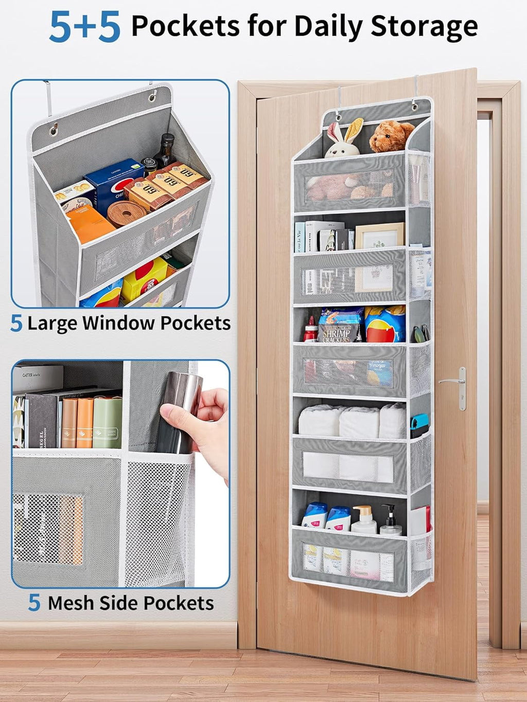 JARLINK 2 Pack Over the Door Organizer Storage, 5 Shelf Hanging Door Organizer with 5 Large Capacity Pockets, Anti Tilt 44 lb Load Behind Door Storage for Bedroom, Bathroom, Pantry, Nursery, (Grey)
