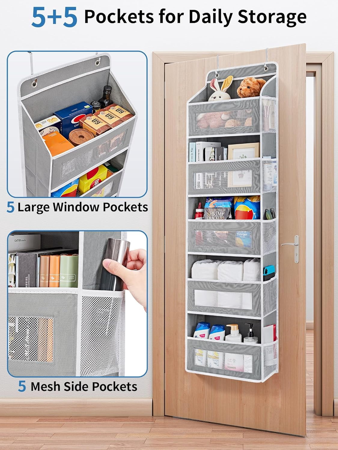JARLINK 2 Pack Over the Door Organizer Storage, 5 Shelf Hanging Door Organizer with 5 Large Capacity Pockets, Anti Tilt 44 lb Load Behind Door Storage for Bedroom, Bathroom, Pantry, Nursery, (Grey)