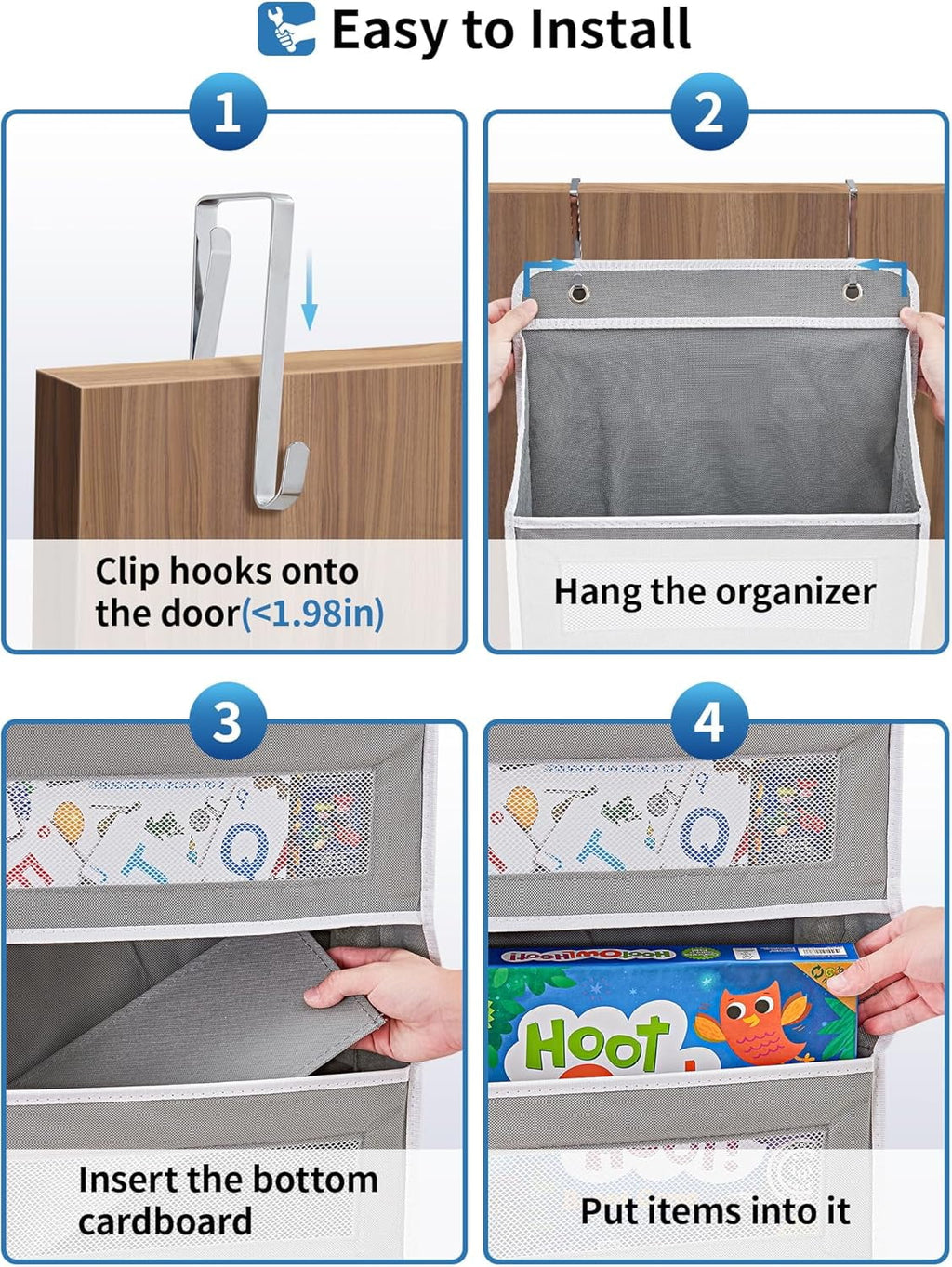 JARLINK 2 Pack Over the Door Organizer Storage, 5 Shelf Hanging Door Organizer with 5 Large Capacity Pockets, Anti Tilt 44 lb Load Behind Door Storage for Bedroom, Bathroom, Pantry, Nursery, (Grey)