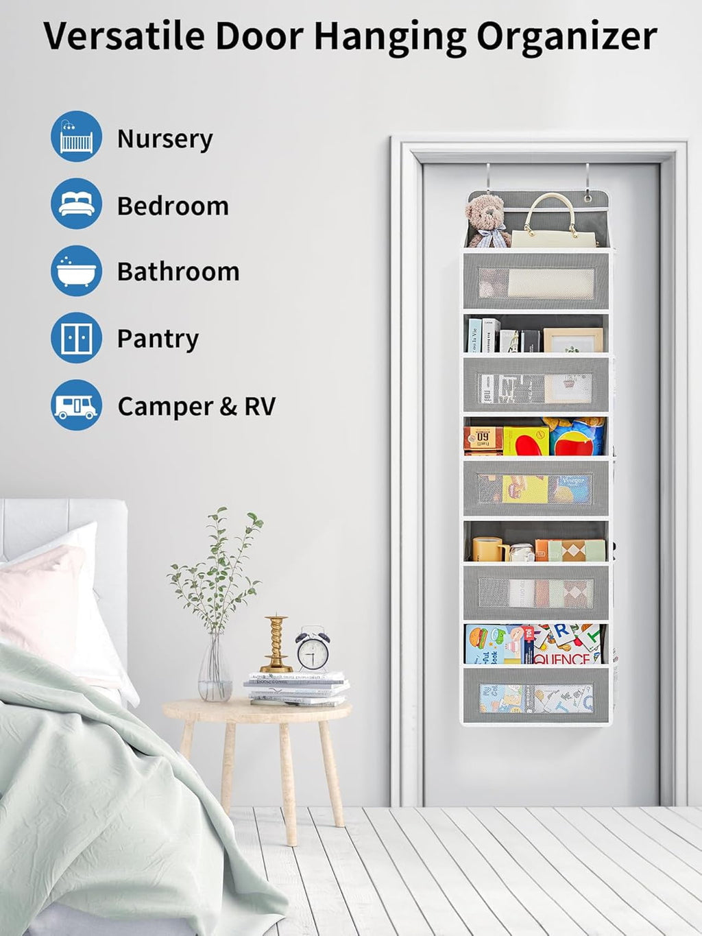 JARLINK 2 Pack Over the Door Organizer Storage, 5 Shelf Hanging Door Organizer with 5 Large Capacity Pockets, Anti Tilt 44 lb Load Behind Door Storage for Bedroom, Bathroom, Pantry, Nursery, (Grey)