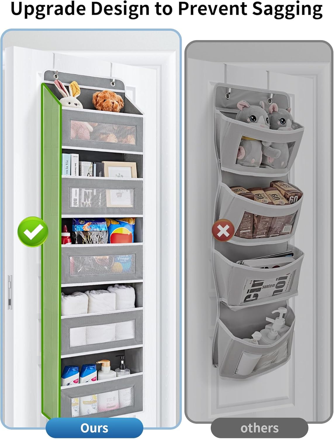 JARLINK 2 Pack Over the Door Organizer Storage, 5 Shelf Hanging Door Organizer with 5 Large Capacity Pockets, Anti Tilt 44 lb Load Behind Door Storage for Bedroom, Bathroom, Pantry, Nursery, (Grey)