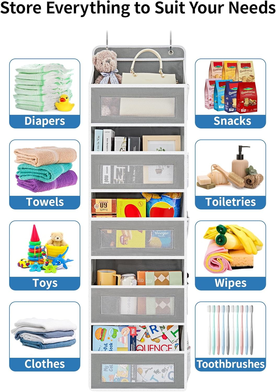 JARLINK 2 Pack Over the Door Organizer Storage, 5 Shelf Hanging Door Organizer with 5 Large Capacity Pockets, Anti Tilt 44 lb Load Behind Door Storage for Bedroom, Bathroom, Pantry, Nursery, (Grey)