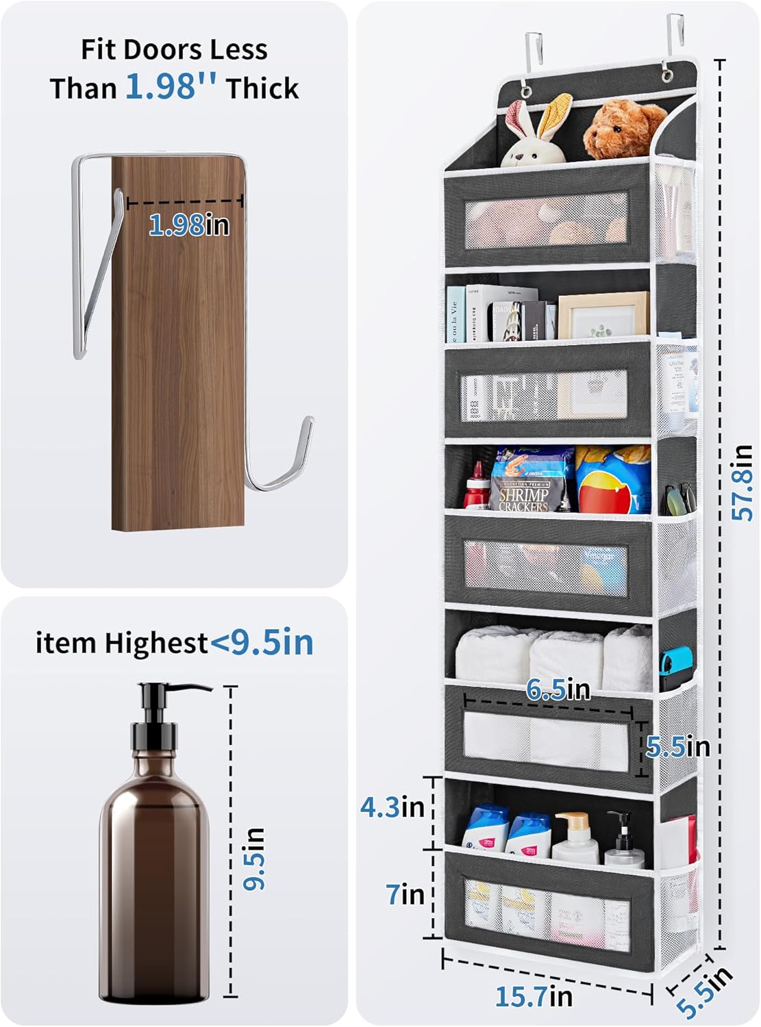 JARLINK 2 Pack Over the Door Organizer Storage, 5 Shelf Hanging Door Organizer with 5 Large Capacity Pockets, Anti Tilt 44 lb Load Behind Door Storage for Bedroom, Bathroom, Pantry, Nursery, (Grey)