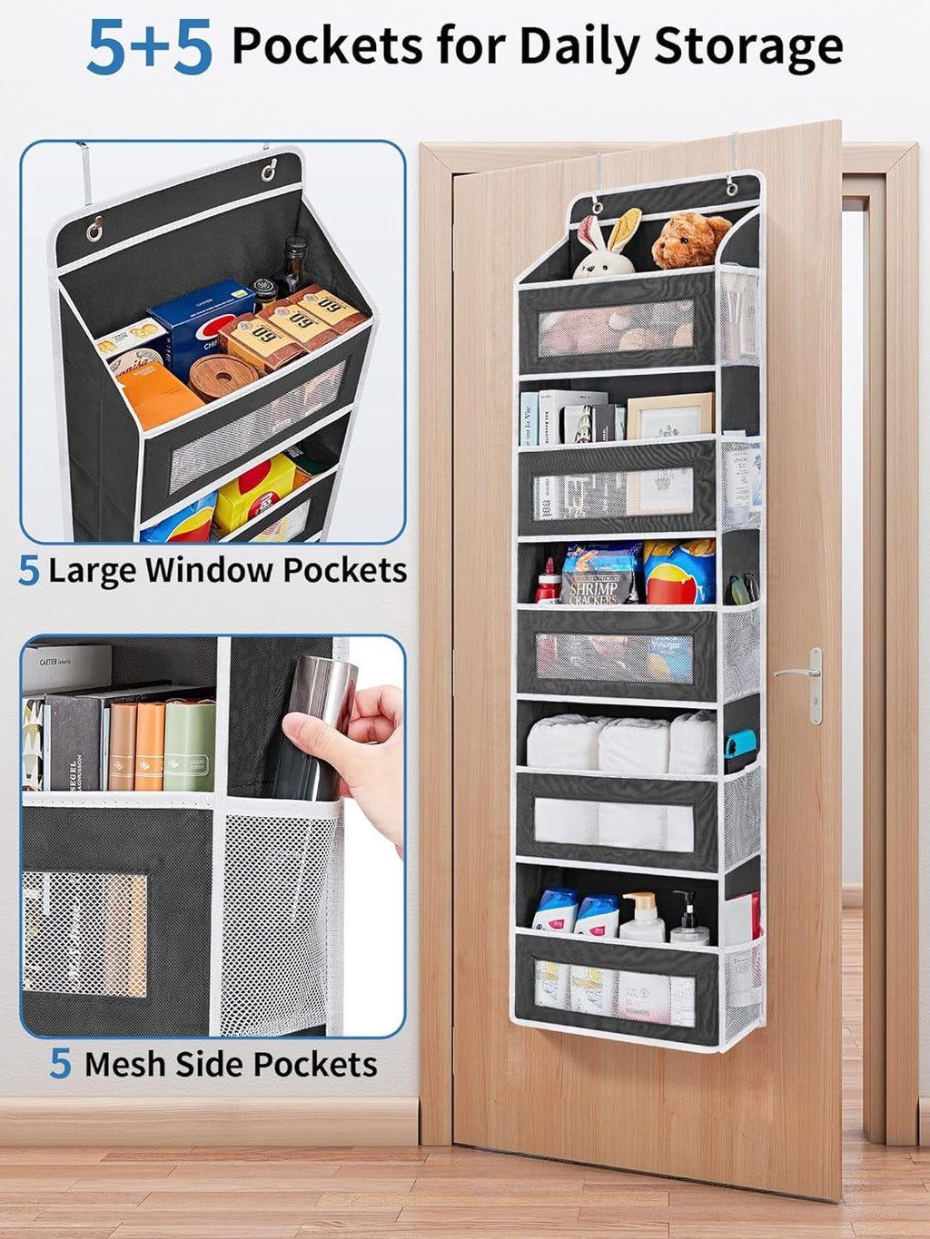 JARLINK 2 Pack Over the Door Organizer Storage, 5 Shelf Hanging Door Organizer with 5 Large Capacity Pockets, Anti Tilt 44 lb Load Behind Door Storage for Bedroom, Bathroom, Pantry, Nursery, (Grey)
