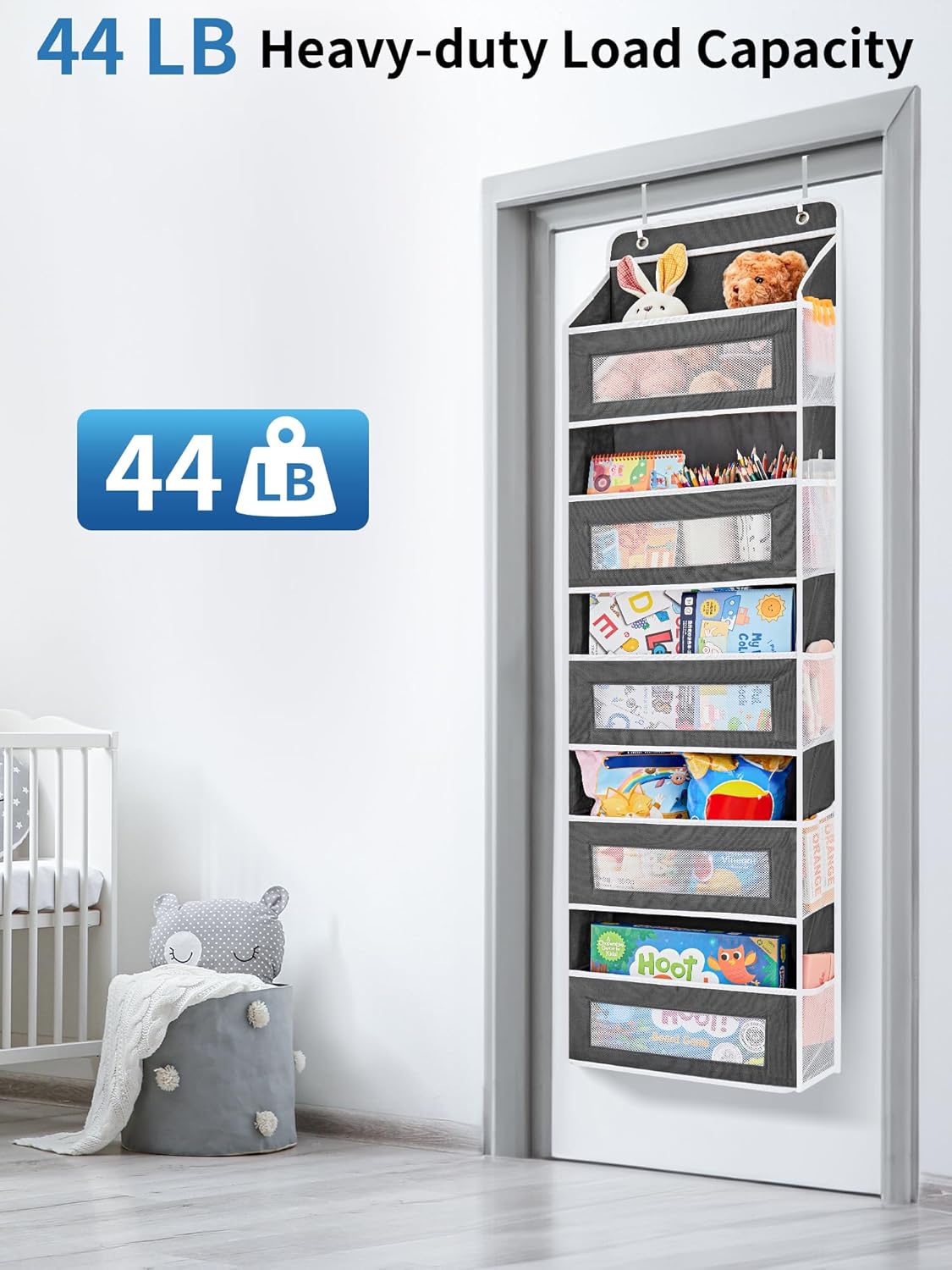 JARLINK 2 Pack Over the Door Organizer Storage, 5 Shelf Hanging Door Organizer with 5 Large Capacity Pockets, Anti Tilt 44 lb Load Behind Door Storage for Bedroom, Bathroom, Pantry, Nursery, (Grey)