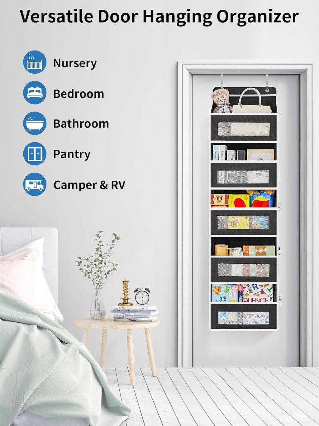 JARLINK 2 Pack Over the Door Organizer Storage, 5 Shelf Hanging Door Organizer with 5 Large Capacity Pockets, Anti Tilt 44 lb Load Behind Door Storage for Bedroom, Bathroom, Pantry, Nursery, (Grey)