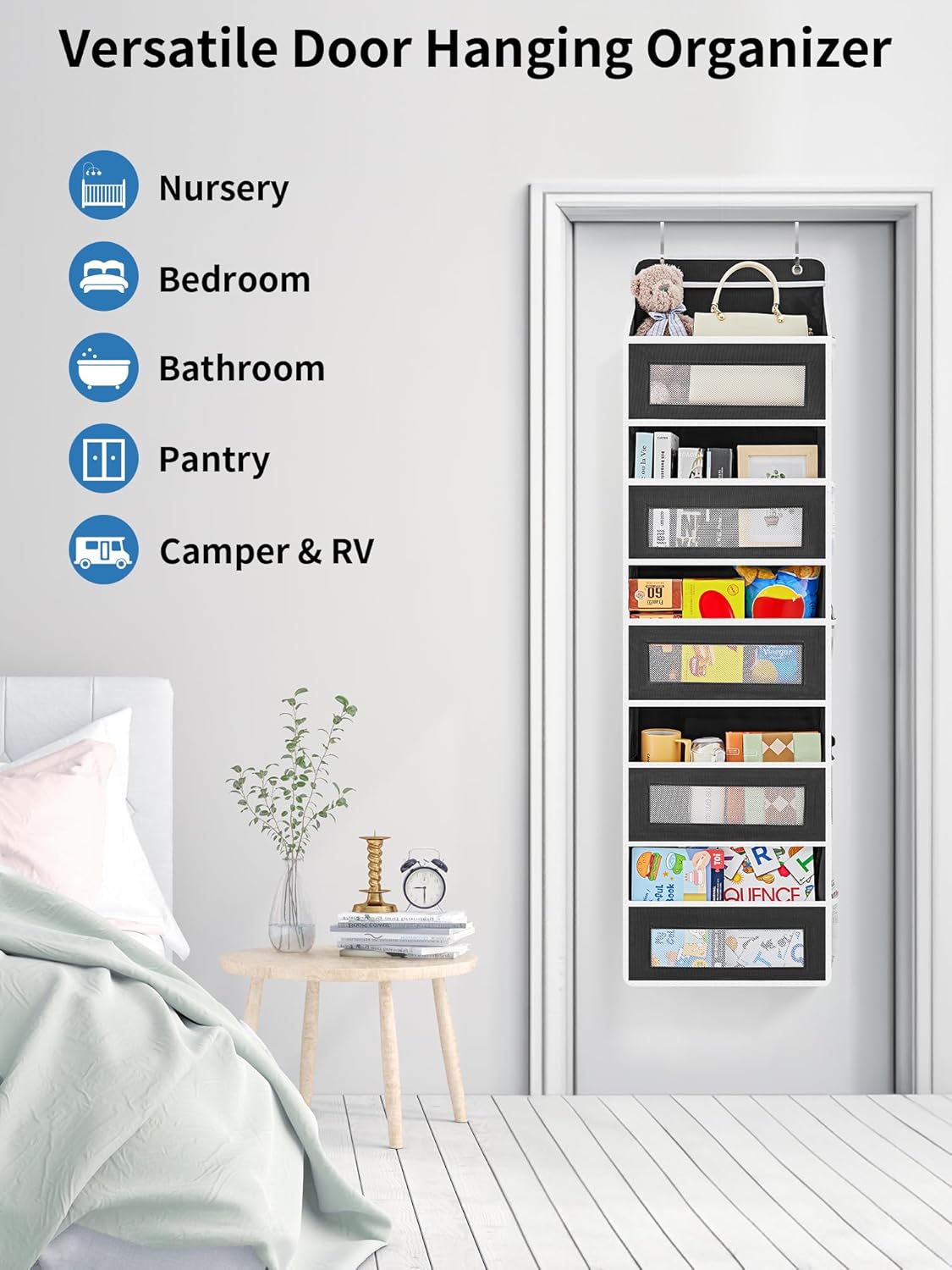 JARLINK 2 Pack Over the Door Organizer Storage, 5 Shelf Hanging Door Organizer with 5 Large Capacity Pockets, Anti Tilt 44 lb Load Behind Door Storage for Bedroom, Bathroom, Pantry, Nursery, (Grey)