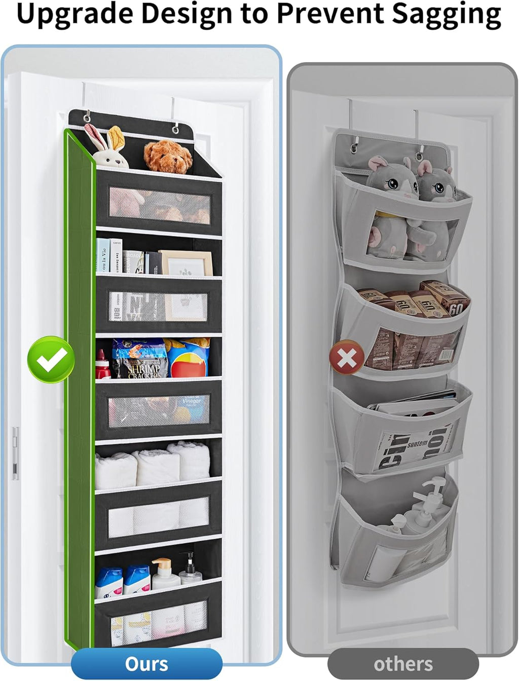 JARLINK 2 Pack Over the Door Organizer Storage, 5 Shelf Hanging Door Organizer with 5 Large Capacity Pockets, Anti Tilt 44 lb Load Behind Door Storage for Bedroom, Bathroom, Pantry, Nursery, (Grey)