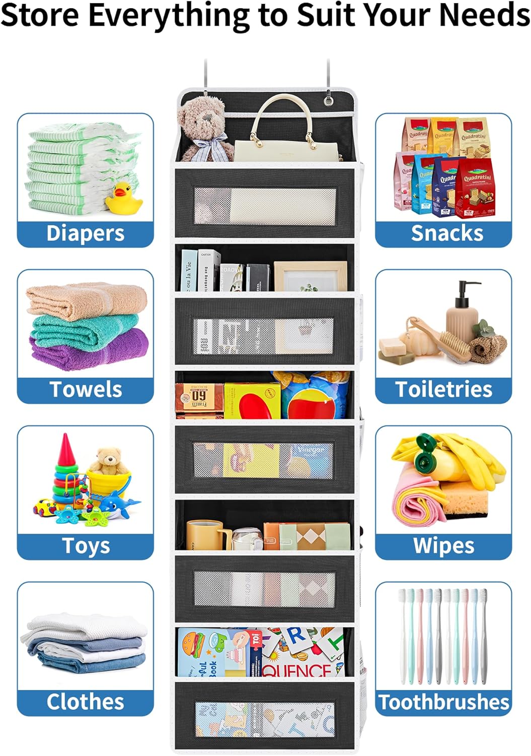 JARLINK 2 Pack Over the Door Organizer Storage, 5 Shelf Hanging Door Organizer with 5 Large Capacity Pockets, Anti Tilt 44 lb Load Behind Door Storage for Bedroom, Bathroom, Pantry, Nursery, (Grey)