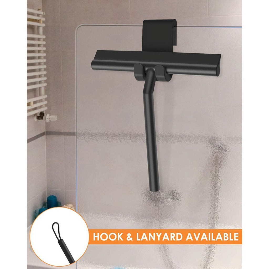 Silicone Shower Squeegee with Hook &amp; Lanyard, Black Window Glass , Mirror Screen Wiper, Multi Cleaner