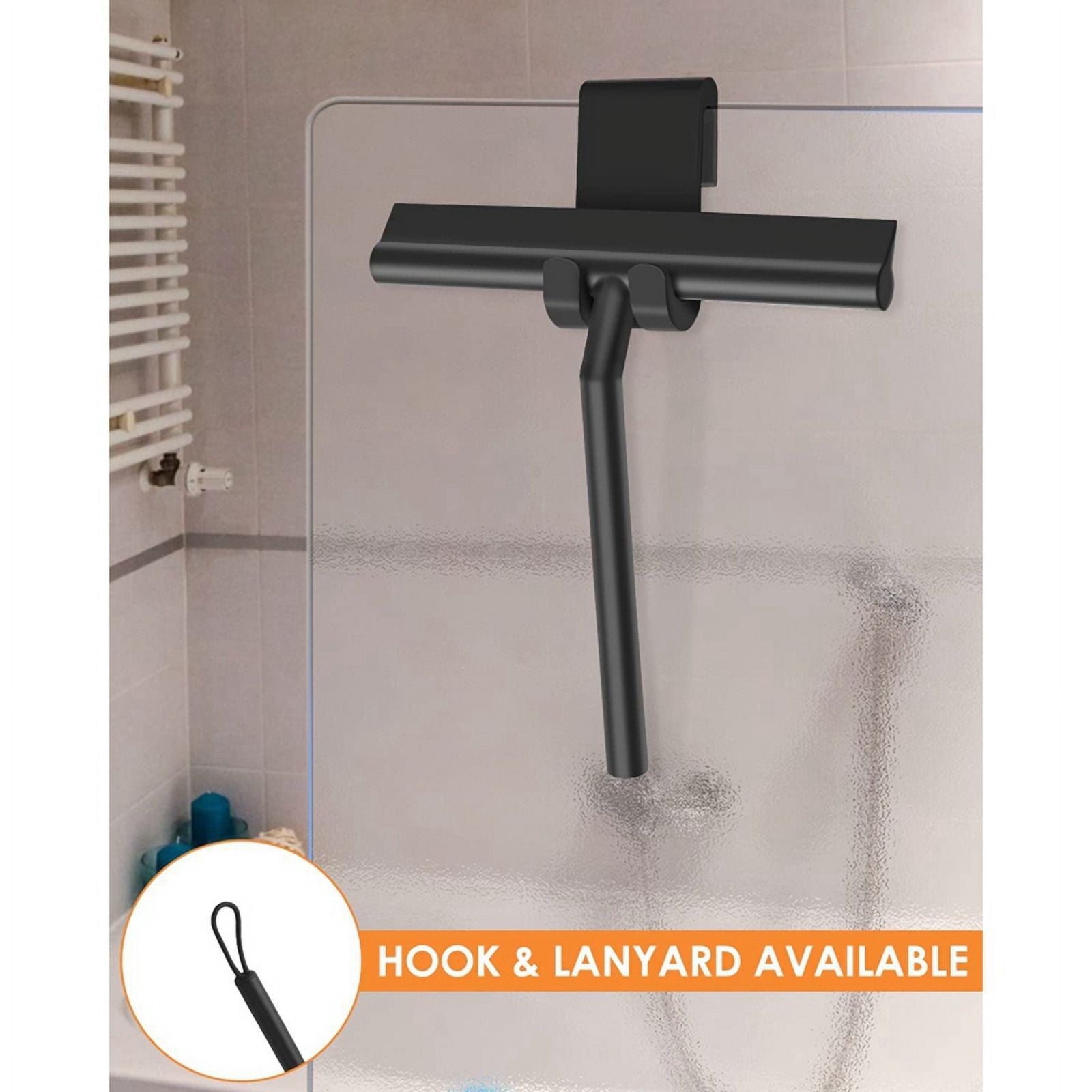 Silicone Shower Squeegee with Hook &amp; Lanyard, Black Window Glass , Mirror Screen Wiper, Multi Cleaner