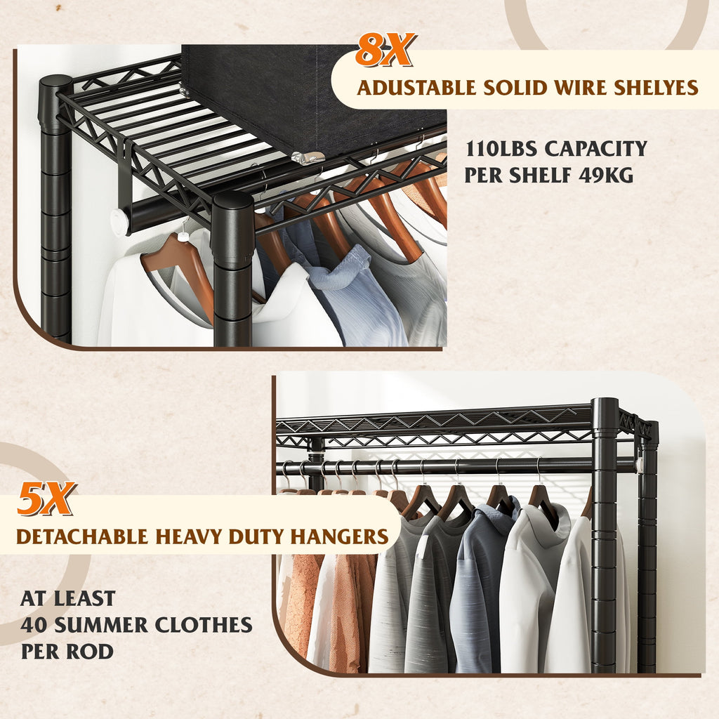 74.5" W Clothes  Rack Heavy Duty Garment Rack Closet Organizer with 8 Shelves &amp; 5 Hanger Rods,Black