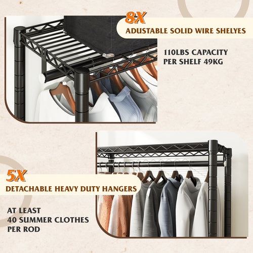 74.5" W Clothes  Rack Heavy Duty Garment Rack Closet Organizer with 8 Shelves &amp; 5 Hanger Rods,Black