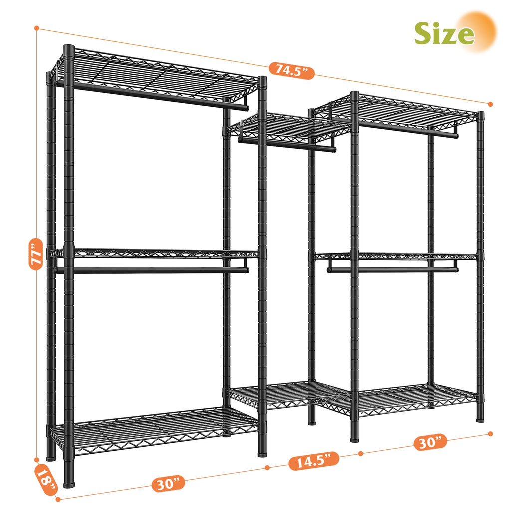 74.5" W Clothes  Rack Heavy Duty Garment Rack Closet Organizer with 8 Shelves &amp; 5 Hanger Rods,Black