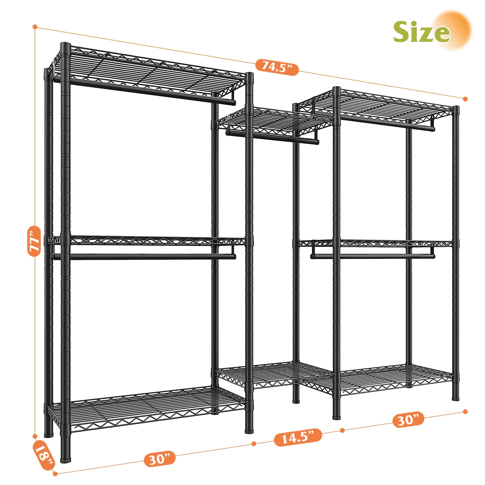 74.5" W Clothes  Rack Heavy Duty Garment Rack Closet Organizer with 8 Shelves &amp; 5 Hanger Rods,Black